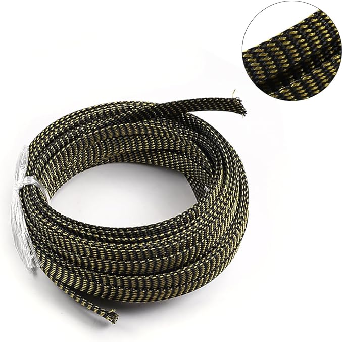 Aicosineg 32.81ft PET Flexible Braided Cable Sleeve 0.44inch Width Wire Loom Sleeving and Organizer Flexible Wire Mesh Sleeve Wrap Protector for TV Audio PC Cords from Pets Chewing Black and Gold