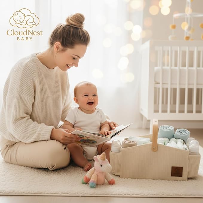 Diaper Caddy Organizer With Portable Changing Mat, LED Night Light, Wooden Handle & Shoulder Strap - Stylish Nursery Basket With Dividers - Newborn Essentials