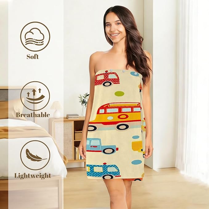 Women's Bath Wrap Colored Cars Bus Polka Dot Absorbent Shower Spa Body Bath Robe Wraps Bathrobe Towel with Adjustable Closure