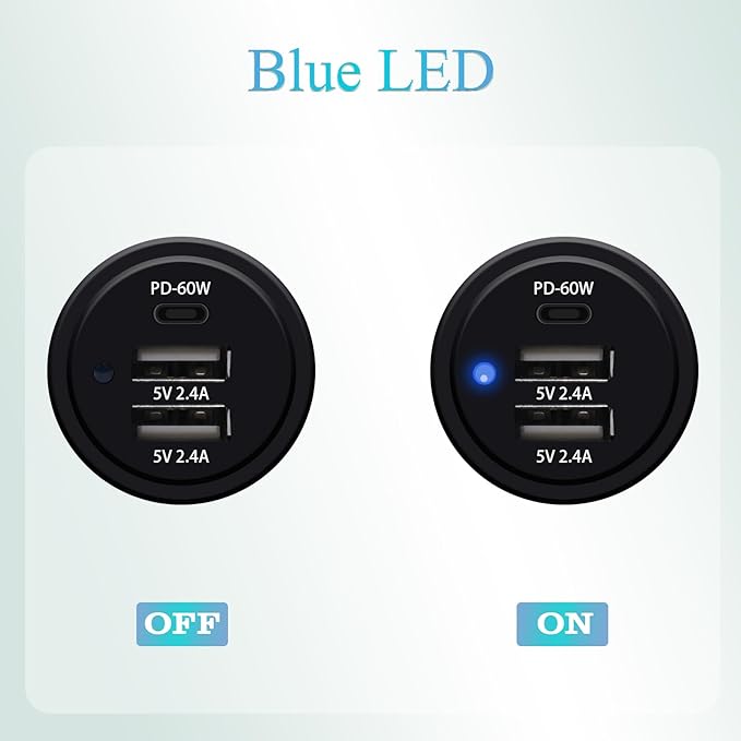 3-Port 60W PD Dual 2.4A USB 12V Charging Socket Splash Resistant for Jeep Pickup SUV Camper Van Boat