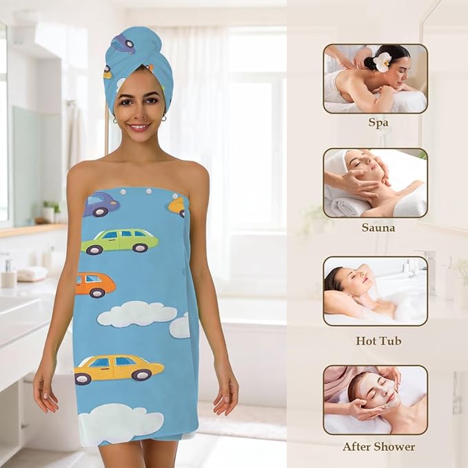 Women Bath Wrap Hair Towel Drying Cap Set Cute Adorable Cars Soft Absorbent Bathrobe Shower Wraps with Adjustable Closure Spa Bath Robe