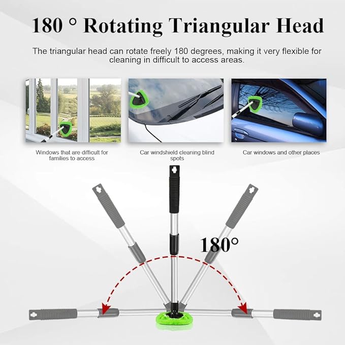 Windshield Cleaning Tool, Car Window Cleaner, Windshield Cleaner with 4 Washable Reusable Microfiber Pads and Extendable Handle, Auto Glass Wiper Cleaning Kit Universal for Car (Green)