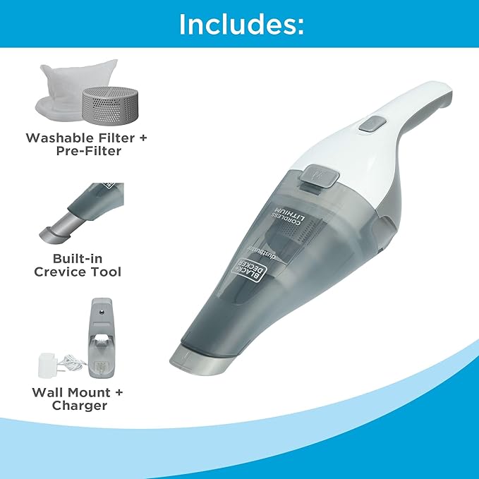 BLACK+DECKER dustbuster Cordless Handheld Vacuum, Portable Car Vacuum Cordless Rechargeable, Wall Mount, Strong Suction QuickClean (HNVC215B10)