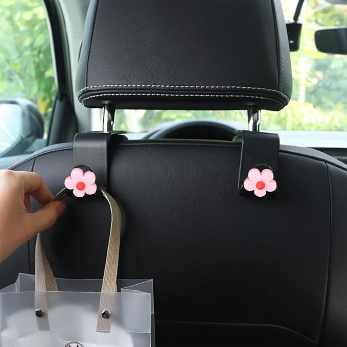 4 PCS Car Headrest Hook, Multifunctional Flower Vehicle Seat Back Storage Hook, Cute Automotive Seatback Organizer Hanger for Purse Grocery Bag Handbag, Universal Fit (Black/Pink)