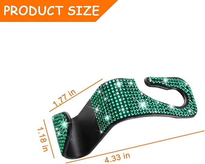 Mandark 4PCS Bling Car Seat Headrest Hooks, Crystal Rhinestone Vehicle Seat Back Hanger for Grocery Purses Handbags, Diamond Auto Seatback Storage Organizer Hanger, Universal for Most Cars (Green)