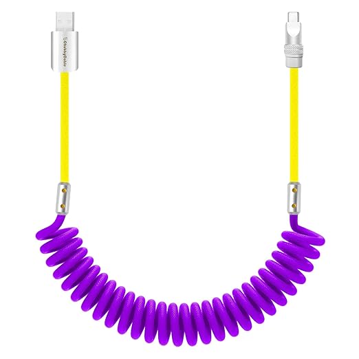 chubbycable Curly Chubby 120W Coiled USB C Cable Retractable Fast Charging Cable for Car Charger Cord Compatible with iPhone 17-15 Series, Purple+Yellow, USB-A to Type-C, 2.29FT-3.6FT