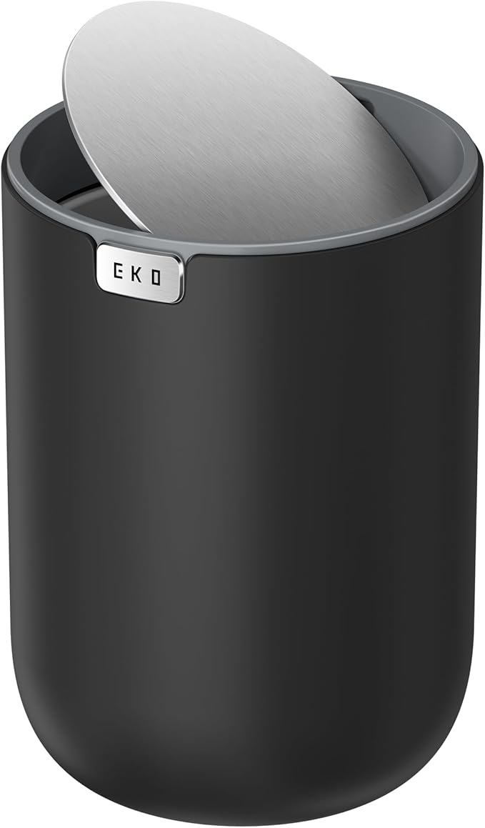 EKO Fandy 0.58 Gal/2.2L Mini Trash Can with Lid, Swing-Top Desktop Trash Can for Bathroom, Countertop, Vanity, Desk or Office, Small Garbage Bin (Black)