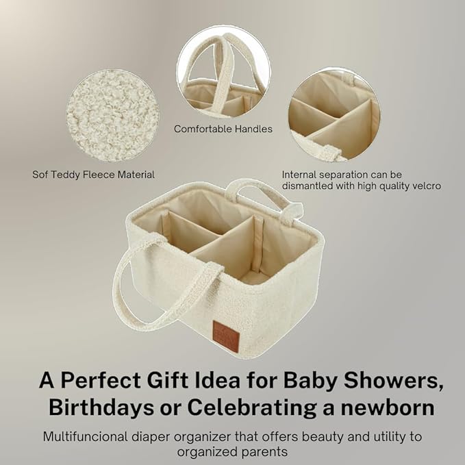 Baby Diaper Caddy Organizer: Soft Beige Teddy Wool - Portable Diaper Caddy, Car Organizer - Newborn Essentials Must Have - Nursery Storage Basket for Baby Essentials. Baby shower & Newborn Gift Idea