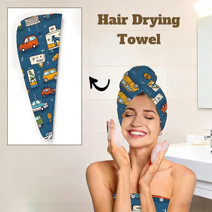 Women Bath Wrap Hair Towel Drying Cap Set Cartoon Cars Pattern Soft Absorbent Bathrobe Shower Wraps with Adjustable Closure Spa Bath Robe