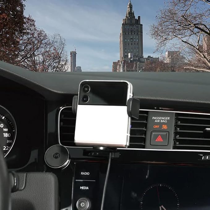 Fast Wireless Car Charger Mount 2.0 Mini Grip Cradle for iPhone 13 Onwards, Samsung Galaxy Z Flip/Fold & Qi-Enabled Devices, 15W Charging, Auto-Clamping, Dash Vent Mount - 20W PD Included