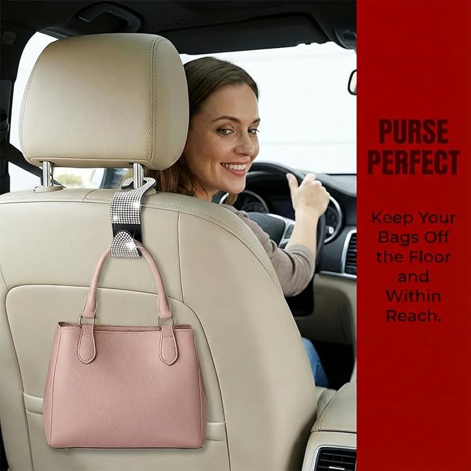 4PCS Bling Car Seat Headrest Hooks, Crystal Rhinestone Vehicle Back Seat Hanger Holder, Auto Interior Headrest Hanging Storage Organizer for Purse Handbag Coat, Universal Fit (Black)