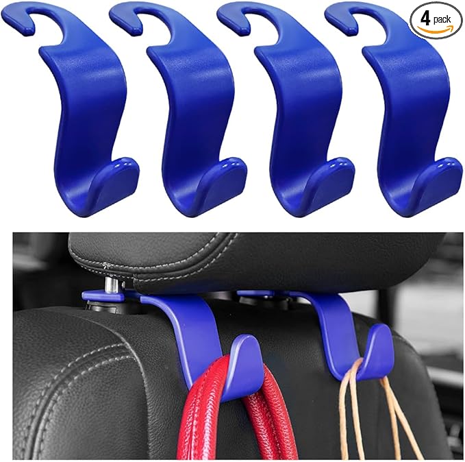 povtii 4PCS Car Seat Headrest Hook, Auto Back Seat Hanging Storage Organizer, Vehicle Seatback Hanger Holder for Purse Handbag Coat Umbrella, Universal Interior Car Accessories (Dark Blue)