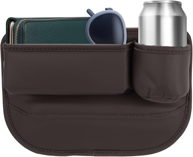 HARFINGTON Car Seat Gap Filler Organizer 11.8 x 8.3 x 2.2 Inch PU Universal Car Organizer Storage Box Between Seat and Console (Right) with Cup Holders for Phone Sunglasses Keys, Brown