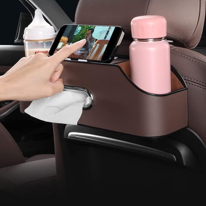 New car headrest Rear seat Multifunctional Storage Box, partition Design, with Cup Holder, Tissue Box, headrest Hook, Suitable for Children and Adults, car Travel Accessories（Coffee Color）