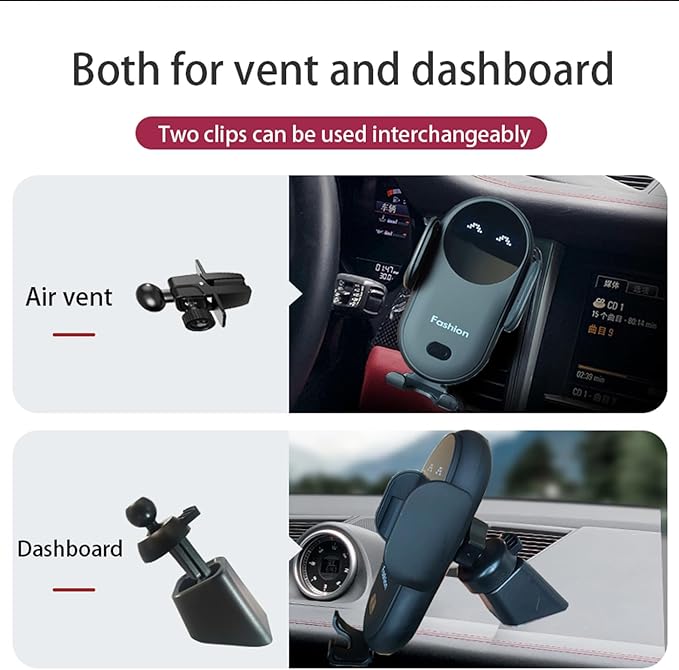 Wireless Car Charger Mount, Cute Car Phone Holder, Automatic Clamping Air Vent Dashboard Smart Phone Holder for iPhone 15/14/13/12/11//XS/XR/8, Samsung S23/22/21/20/Note 20, etc (Black)