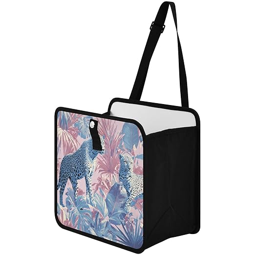 Car Trash Can Organizer Bin with Adjustable Strap for Back Front Seat Console Waterproof Leakproof Collapsible Portable 8.66 Inch Cute Cheetah and Palm Leaves