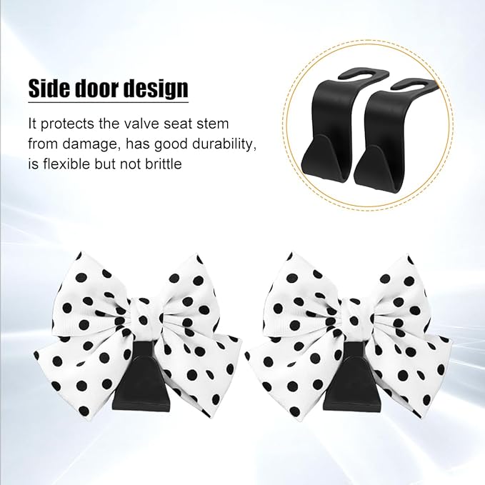 Cute Bow Car Seat Headrest Hooks, 2PCS Multifunctional Vehicle Rear Seat Hanging Hooks, Automotive Interior Seatback Storage Organizer for Purses Bags, Universal Fit (White/Polka Dot)