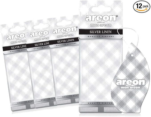 AREON MON MA39 Hanging Best Car Air Freshener Silver Linen Scent, Paper Hanging Ornaments, Long Lasting Scent for Car or Home 12 Pack