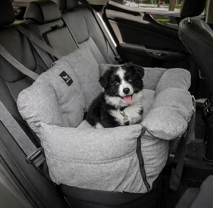 JACKO & CO - Premium Dog Car Seat v2 Booster Seat for Small & Medium Pets Under 40lbs - Machine Washable w Removable Covers, Water Resistant w Clip-On Leash for Back Seat Use (Grey Medium (25-40lbs)