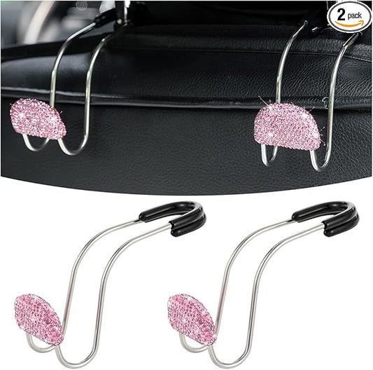 AUCELI Car Headrest Hook, 2 Pack Bling Backseat Organizer Hanger for Purse Clothes Grocery Bag, Rhinestones Auto Headrest Storage Holder, Universal Car Seat Accessories for Most Vehicle (Pink)