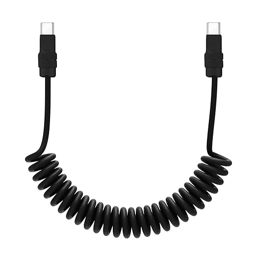 chubbycable Curly Chubby 240W Coiled USB C Fast Charging Cable Durable Braided Charger Cord for Car Compatible with iPhone 17-15 Series iPad, Black+Black, Type-C to Type-C, 2.13FT-6.56FT