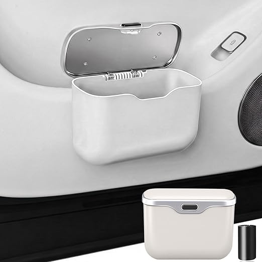 Car Trash Can with Lid - Leakproof Hanging Car Garbage Bin for Door & Seat Back - Waterproof Auto Trash Bag & Multifunctional Storage Organizer for SUV, Truck, Sedan (White)