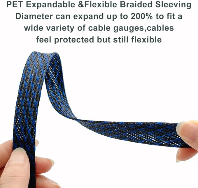 100ft-1/4inch PET Expandable Braided Sleeving Wire Loom Cable Sleeves Automotive Wire Sleeve Cable Management Wrap Wire Protector Tubing Desk Wire Organizer for Home,Office,Audio HDMI Cable,Black&Blue