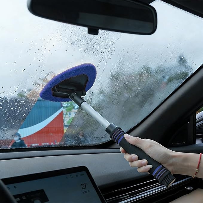HZEL Car Windshield Cleaner Tool with Extendable Handle, Vehicle Glass Wiper Window Cleaning Tool with 2 Reusable Microfiber Pad, Auto Windscreen Detailing Cleaner Kit, Universal Fit (Triangle Blue)