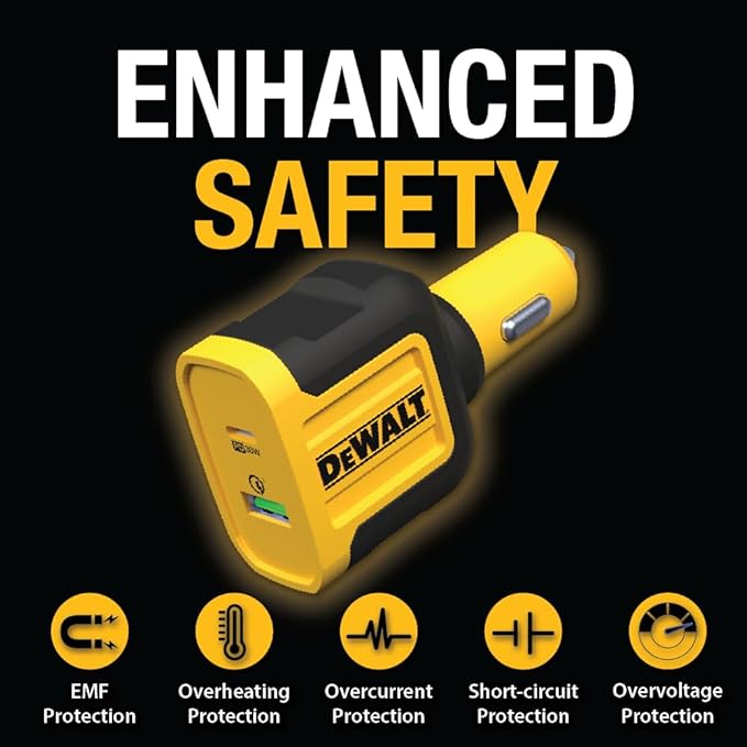 DEWALT Heavy Duty USB + USB C Car Charger Adapter, 49.5W Cigarette Lighter USBA Charger, PD Car Charging Adapter PPS 30W Quick Charge 3.0 Fast Charging for iPhone 17/16/15 Pro Max Samsung Galaxy Pixel