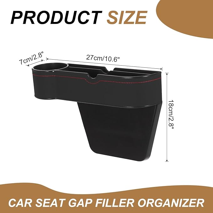 HARFINGTON 2pcs Car Seat Gap Filler Organizer 10.6 x 7.1 x 2.8 Inch ABS+Leather Universal Car Organizer Storage Box Between Seat and Console (Left+Right) with Cup Holders for Phone, Black