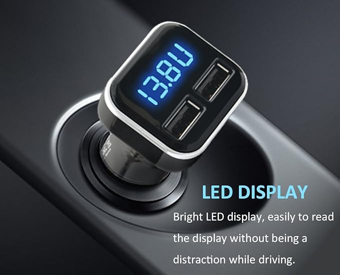 4.8A 24W Dual USB Car Charger Volt Meter Car Battery Monitor with LED Voltage & Amps Display, Cigarette Lighter Adapter, Compatible with iPhone 15 Pro Max Plus 14 Samsung Galaxy S24 iPad Pro
