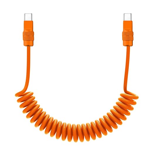 chubbycable Curly Chubby 240W Coiled USB C Fast Charging Cable Durable Braided Charger Cord for Car Compatible with iPhone 17-15 Series iPad, Orange+Orange, Type-C to Type-C, 2.13FT-6.56FT
