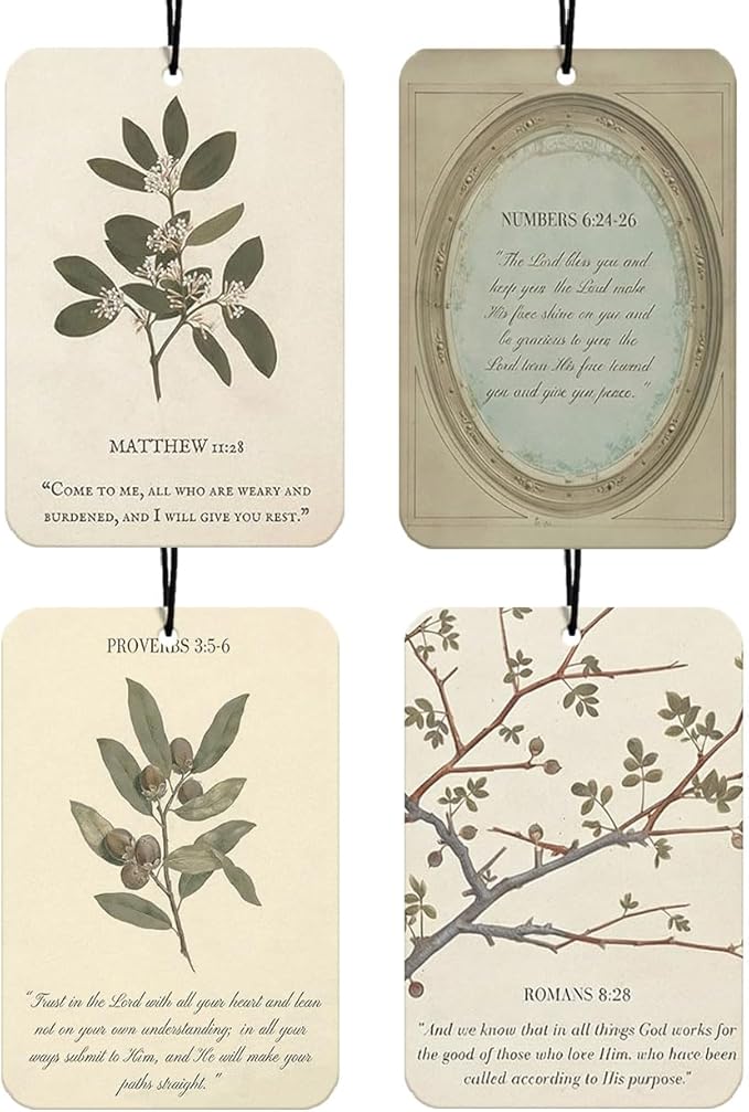 Green Christian Car Air Freshener 4Pcs, Jesus Bible Verses Car Accessories for Women, Matthew 11:28 Mirror Decor Hanging Air Freshener Christian Gifts for Cars Closet (Lavender)