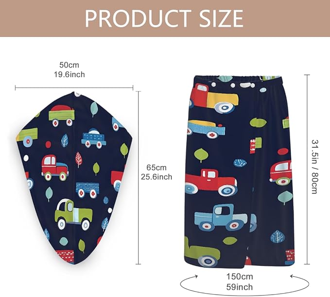 Women Bath Wrap Hair Towel Drying Cap Set Cartoon Trucks Cars Print Soft Absorbent Bathrobe Shower Wraps with Adjustable Closure Spa Bath Robe