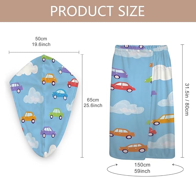Women Bath Wrap Hair Towel Drying Cap Set Cute Cartoon Cars Clauds Soft Absorbent Bathrobe Shower Wraps with Adjustable Closure Spa Bath Robe