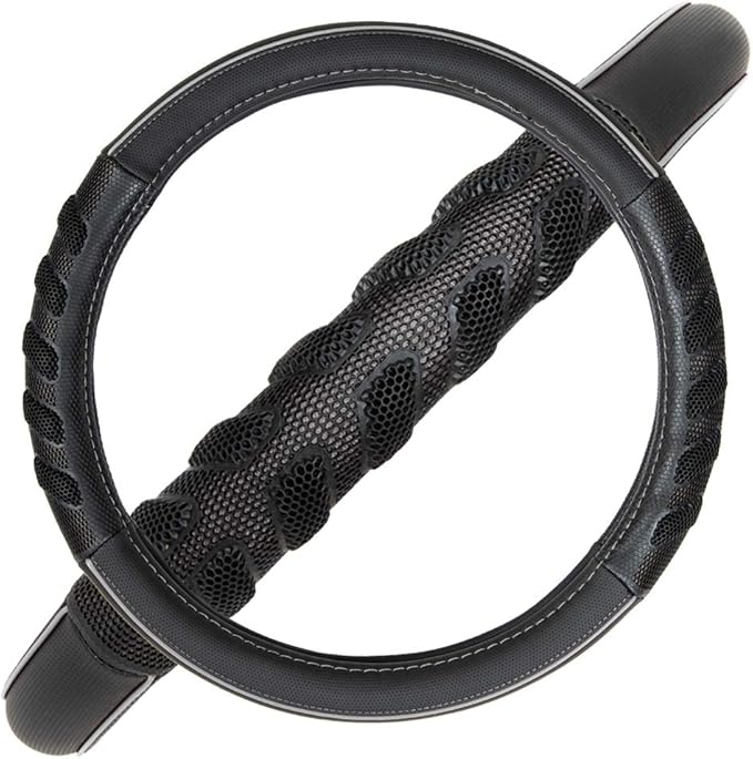 Flying Banner car Steering Wheel Cover Faux Leather Massage Universal fit 3D Honeycomb Hole Anti-Slip Sporty 15 Inches (Grey Black)