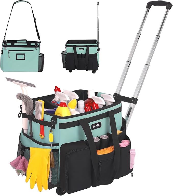 Large Rolling Cleaning Caddy Bag with Detachable Trolley, Waterproof Cleaning Caddy on Wheels for Housekeepers, Cleaning Cart Supplies Organizer for Home,Car,Office,Picnic (Blue-Green) (Patent)