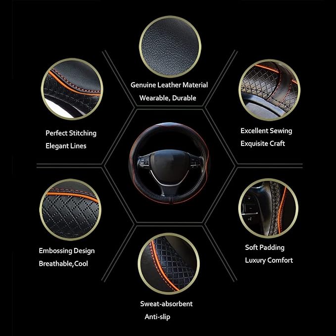 Car Steering Wheel Cover, Anti-Slip, Safety, Soft, Breathable, Heavy Duty, Thick, Full Surround, Sports Style (Black with Light Orange Line)