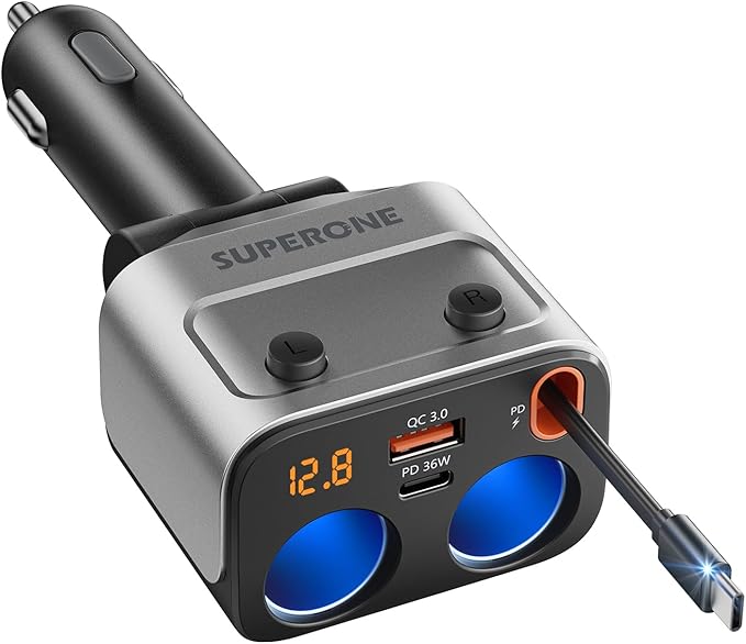 180W Cigarette Lighter Splitter w/Retractable 36W USB-C Cable, SUPERONE 2-Socket Cigarette Lighter Adapter with QC3.0 Car Charger Splitter for GPS/Dash Cam/Laptop/iPad/iPhone 17/16/15/14/13/12/11