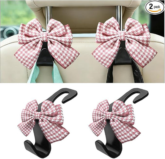 2PCS Car Seat Headrest Hooks, Cute Bow Vehicle Backseat Storage Hanger for Handbag Umbrella Coat, Automotive Seat Back Hook Holder Organizer Decor, Universal for Vehicles (Pink Houndstooth)