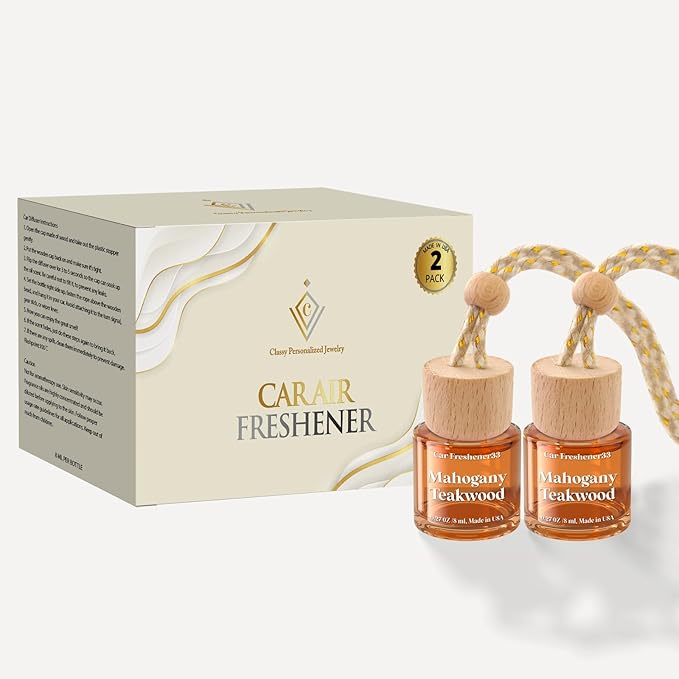 C Classy Hanging Car Air Freshener 2 Pack, Mahogany Teakwood, Brown Glass Bottle Diffuser, Long-Lasting Fragrance, Cute Car Accessories for Women & Men, Made in USA