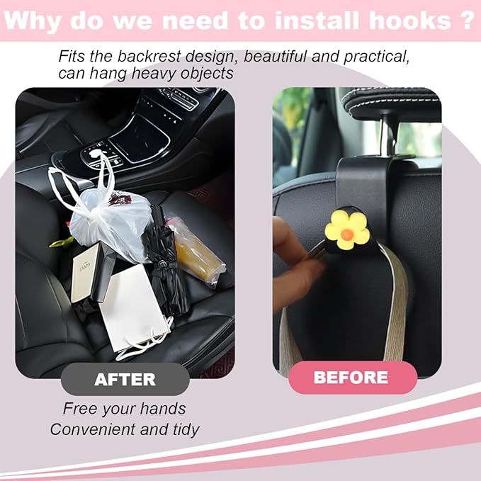 4 PCS Car Headrest Hook, Multifunctional Flower Vehicle Seat Back Storage Hook, Cute Automotive Seatback Organizer Hanger for Purse Grocery Bag Handbag, Universal Fit (Black/Yellow)