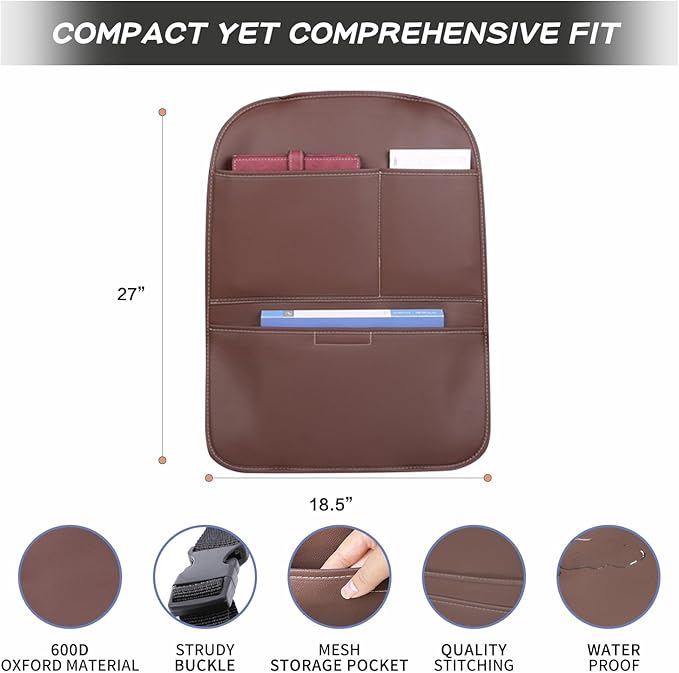 SUTSU Kick Mat Back Seat Protector， Waterproof Leather Car Seat Back Organizers Cover with 3 Storage Pockets for Kids Pets SUV Sedan Minivan Truck Car Travel Accessories (Coffee 2-pack)