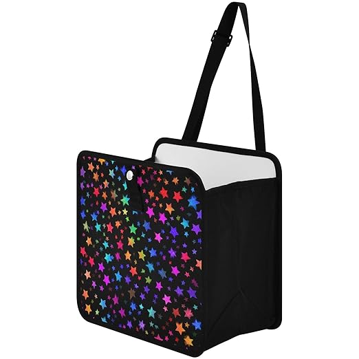 Car Trash Can Organizer Bin with Adjustable Strap for Back Front Seat Console Waterproof Leakproof Collapsible Portable 11 Inch Vibrant Rainbow Stars