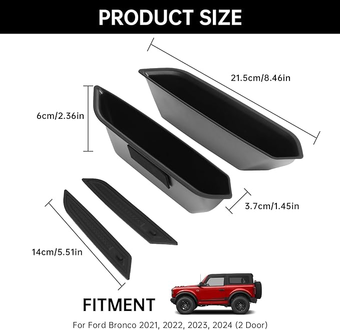 2PCS Front Door Handle Storage Box for Ford Bronco 2021 2022 2023 2024 2025 Accessories Phone Holder Door Grab Pocket Storage Organizer ABS Plastic, Black Mat, Not for Sport