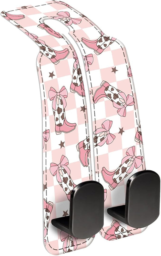 Car Seat Back Storage Headrest Hook, Premium Leather Double Metal Hook, Hanger Storage Organizer for Purse Cloth Bag, Car Interior Accessories Checkered Cow Bowtie