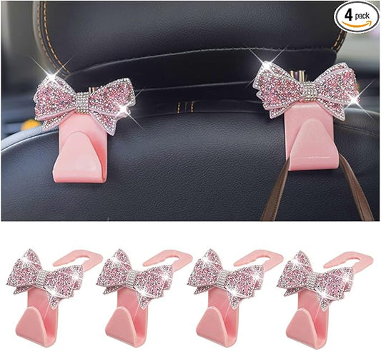 Zpana Bling Car Headreat Hook, 2PCS Crystal Rhinestone Cute Bow Vehicle Seat Back Hanger Storage for Purses Bags Grocery, Diamond Auto Rear Seat Organizer, Universal for SUV Truck Sedan (Pink)
