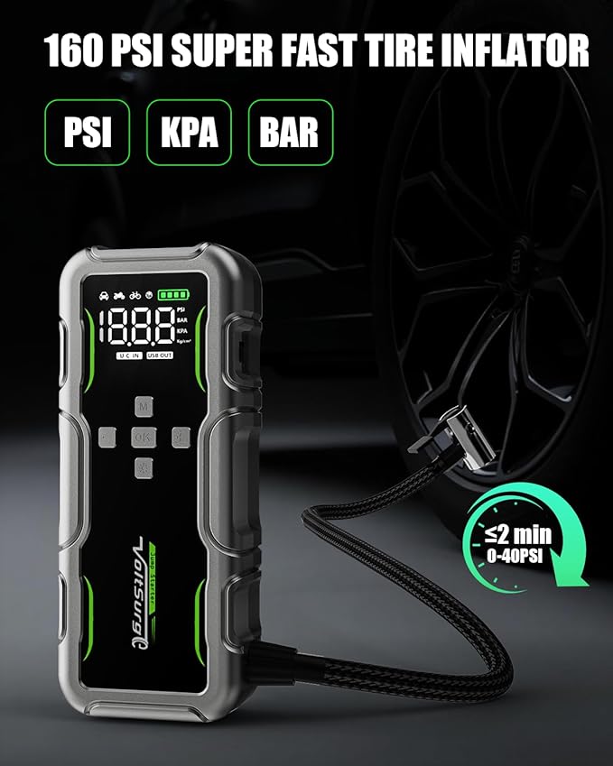 8000A Jump Starter with Air Compressor, 12V Portable Battery Jumper Starter Pack(All Gas/10.0L Diesel) for Car, Jump Box with 150PSI Auto Tire Inflator, LCD Display & Lights