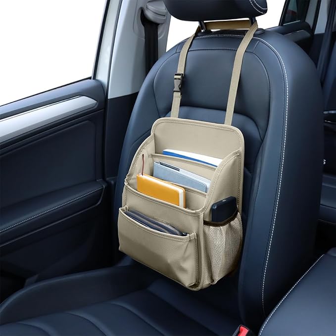 Front Seat Organizer Car Upholstery Leather Passenger Seat Storage Bag Large Durable Car Organizer with Adjustable Strap Multiple Compartments Mesh Bags Cup Holders (beige)