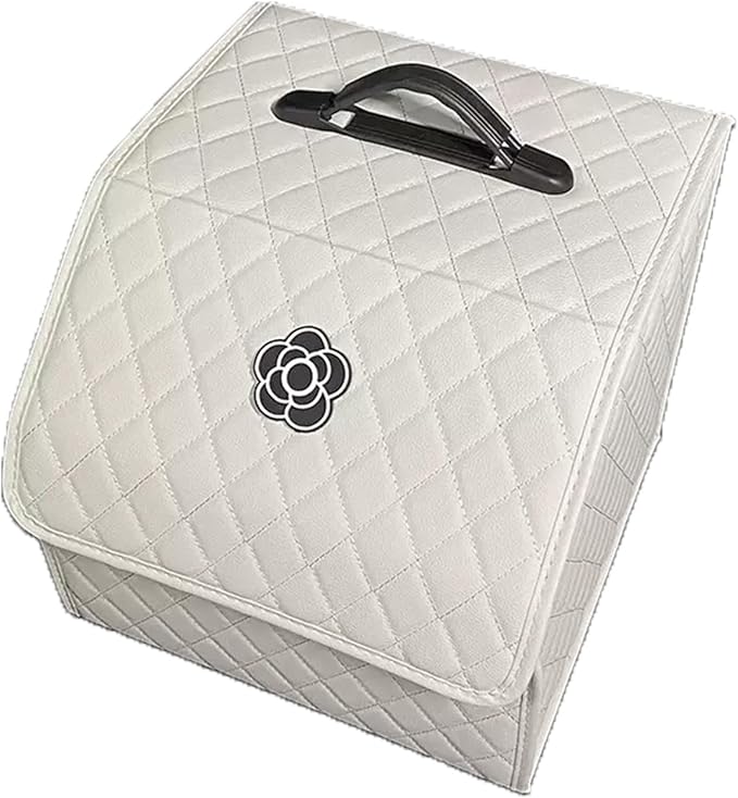 Tissting Car Storage Box PU Leather Trunk Suv Organizer with Lid, 33x31x29cm White Garage Cargo Organizer for Camping Picnic Shopping